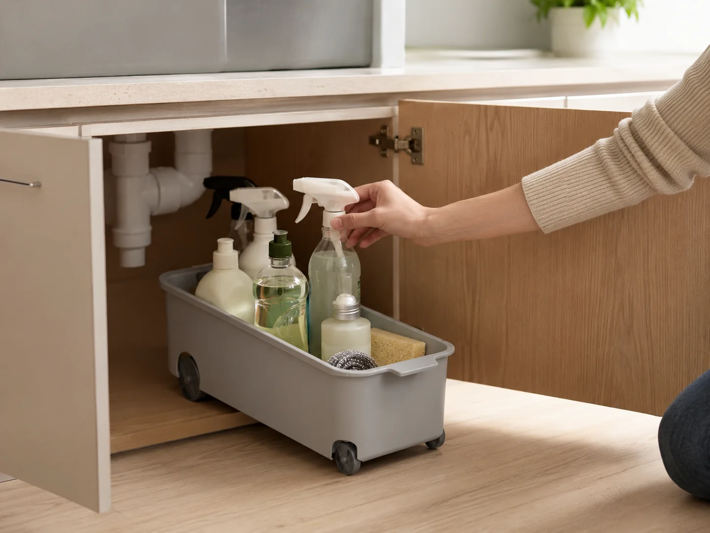Illustrative under-sink scene showing a narrow wheeled cleaning-supply caddy pulled forward from a cabinet