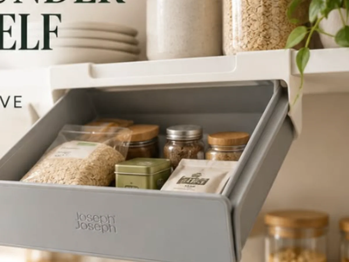 Illustrative KANSO visual of an under-shelf storage drawer in a kitchen cabinet