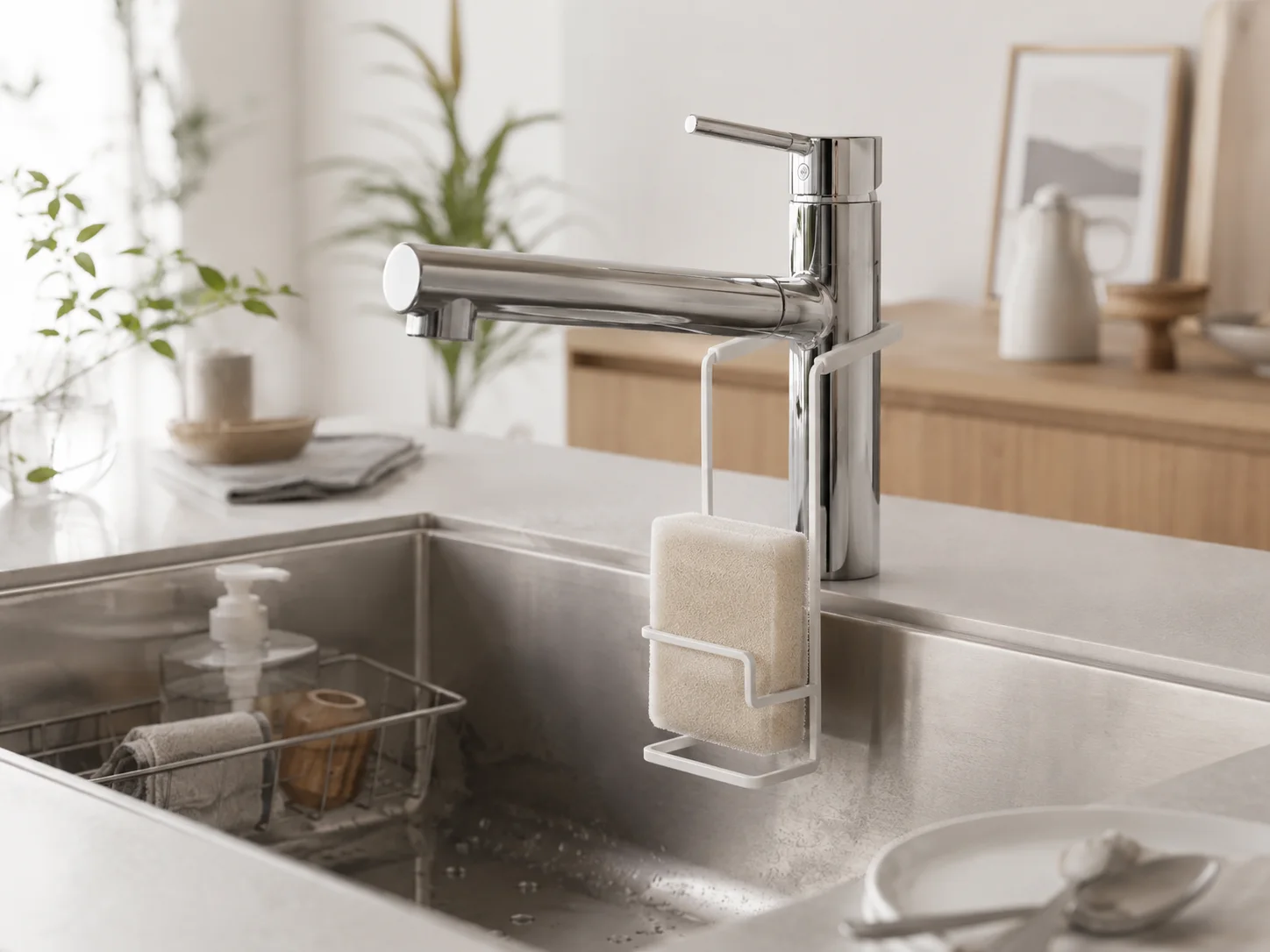 White faucet-hanging sponge holder holding a sponge over a stainless steel kitchen sink