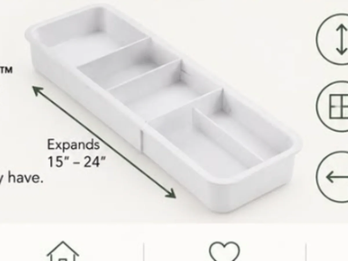 Illustrative KANSO visual of a sliding tray creating a second storage level in a deep kitchen drawer